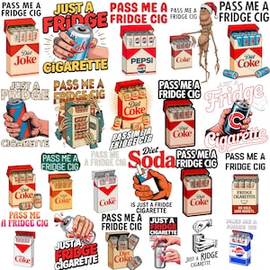 Puede incluir: Una colección de pegatinas con un diseño retro. Las pegatinas presentan textos como "Pass Me A Fridge Cig" y "Just A Fridge Cigarette", junto con imágenes de latas de refrescos y paquetes de cigarrillos. La paleta de colores incluye rojo, blanco y azul.