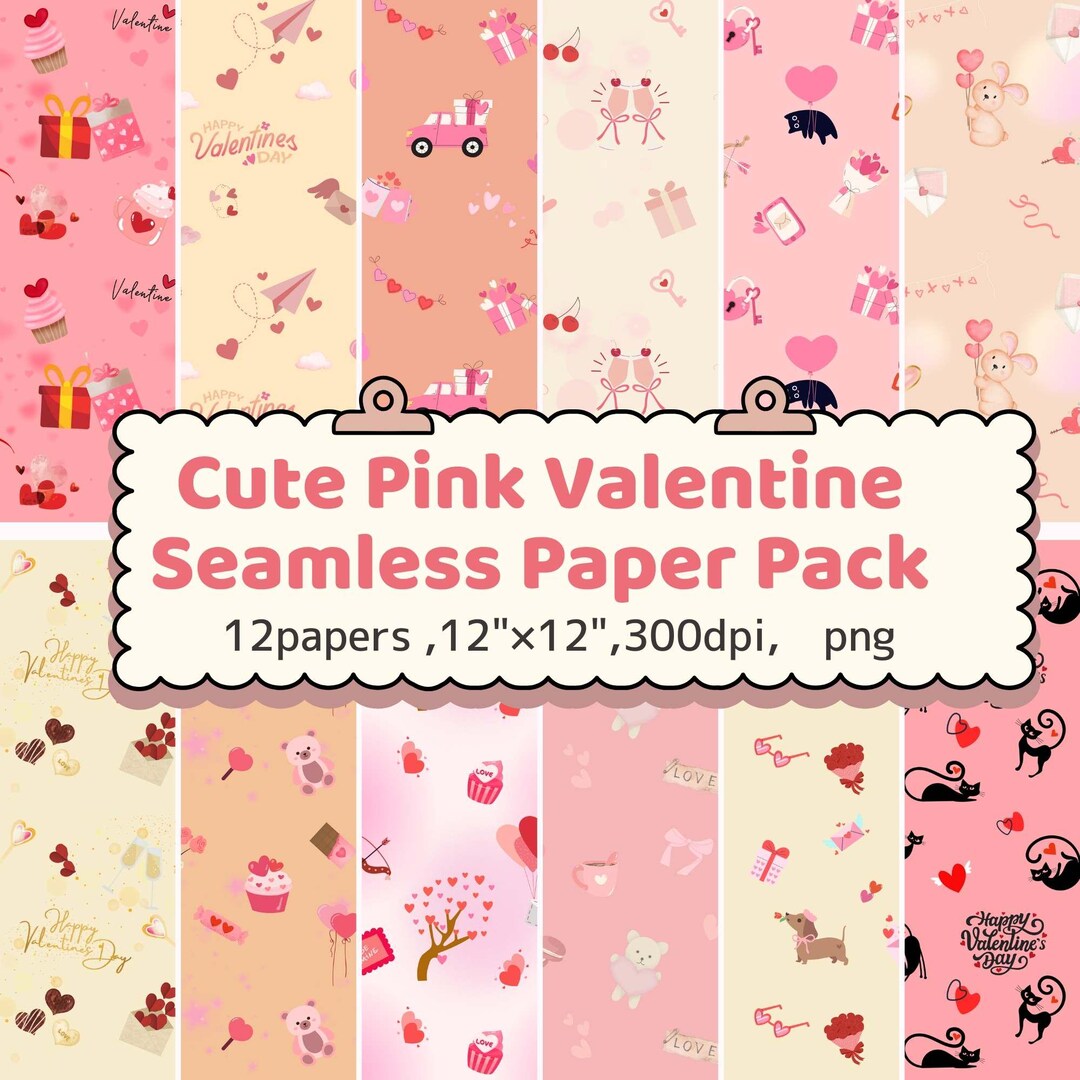 Cute Pink Valentine Digital Paper Pack: Seamless Patterns (12x12, 300 ...