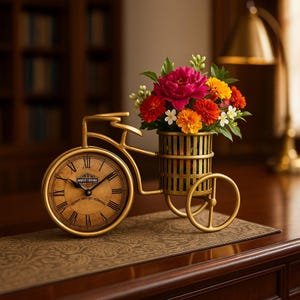 Golden Tricycle Desk Clock with Decorative Basket – Office & Home Table Décor