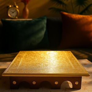 May include: A gold-coloured table with detailed engraved patterns on its surface. The table has a dark brown wooden base with floral accents. The table is on a patterned surface, with a blurred background featuring cushions and decor.