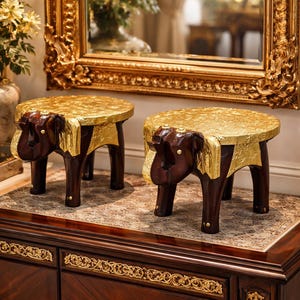 Ethnic Elephant Pedestal Set of 2 – Traditional Wooden Stool with Engraved Brass Art
