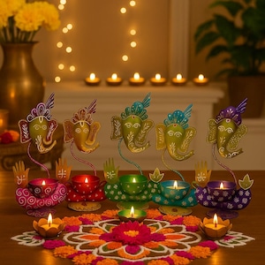 Handcrafted Ganesha Tealight Holder Set of 5 | Royal Amethyst Diwali Decor