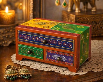 手描きのインドの民芸品木製ジュエリーボックス | カラフルなプルカリ・ラジャスタンの小物入れ