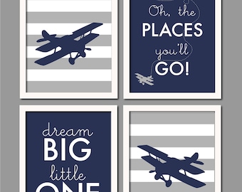 Airplane Wall Art, Vintage Airplane Nursery, Airplane Decor, Plane Nursery, Transportation Art, Baby Boy Nursery, Navy and Grey