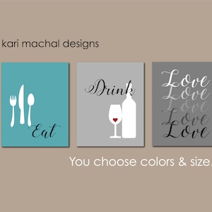 Kitchen Wall Art Print Set, Eat Drink Love, Teal, Grey, Black, Modern Kitchen Decor, Set of 3, Kitchen Wall Decor, Modern Kitchen Art