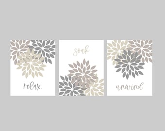 Relax Soak Unwind Flower Bursts Bathroom Art Prints Neutral Gray Beige Tan Modern Decor Unframed Prints or Canvas Set of 3 Wall Decor