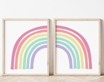 Pastel Rainbow Wall Art Set of 2 Prints or Canvases, Boho Rainbow, Nursery Decor, Rainbow Wall Art, Rainbow Baby Room Decor, Rainbow Art