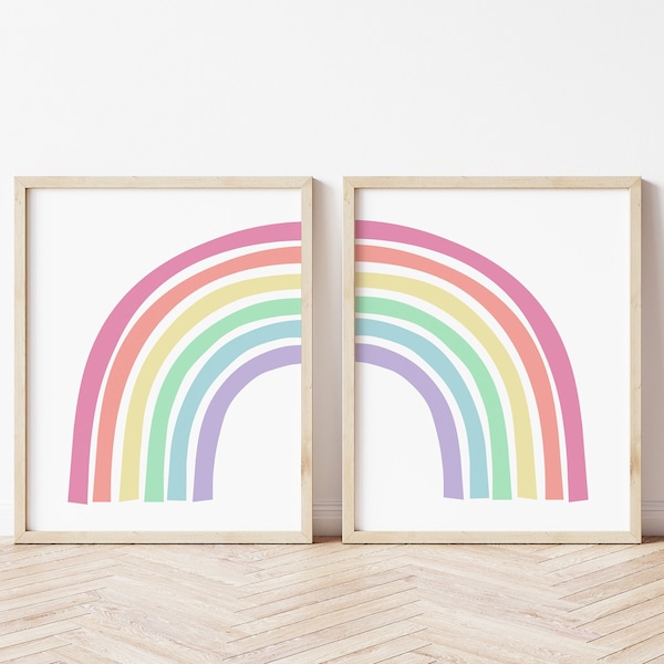 Pastel Rainbow Wall Art Set of 2 Prints or Canvases, Boho Rainbow, Nursery Decor, Rainbow Wall Art, Rainbow Baby Room Decor, Rainbow Art