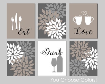 Kitchen Art Prints, Eat Drink Love, Neutral Home Decor Flower Bursts, Taupe Gray Tan, Modern Kitchen Wall Art, Set of 6, Prints UNFRAMED