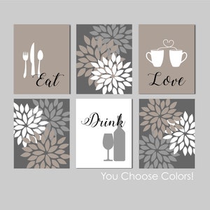 Kitchen Art Prints, Eat Drink Love, Neutral Home Decor Flower Bursts, Taupe Gray Tan, Modern Kitchen Wall Art, Set of 6, Prints UNFRAMED