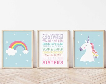 Unicorn Bathroom Art Unicorn Bathroom Decor Unicorn Bathroom Prints, Unicorn Rainbow Bathroom Decor Girls Bathroom Set of 3 Canvas or Prints
