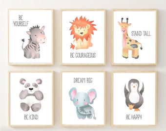 Zoo Animal Art, Safari Nursery Art, Baby Animals Prints, Watercolor Childrens Wall Art, Zoo Nursery, Elephant Giraffe Zebra Lion, Set of 6