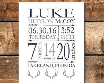 Birth Announcement Wall Art, Woodland Nursery, Deer Birth Announcement, Woodland Nursery Decor Rustic Nursery Decor, Buck Deer Nursery Decor