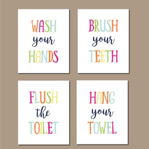 Kids Bathroom Rules Set of 4, Childrens Bathroom Wall Art, Rainbow Bathroom, Colorful Bathroom Rules, Kids Bathroom Art, Wash, Brush, Flush