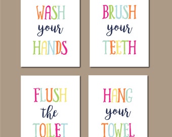 Juego de reglas de baño para niños de 4, arte de pared de baño para niños, baño arcoíris, reglas de baño coloridas, arte de baño para niños, lavado, cepillo, descarga
