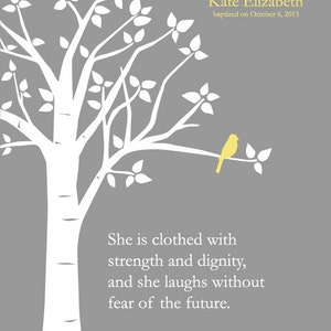 Christening Gift Baptism Gift She Is Clothed With Strength and Dignity Scripture Girl Nursery Decor Baby Gift Yellow Gray 8x10 Print image 2