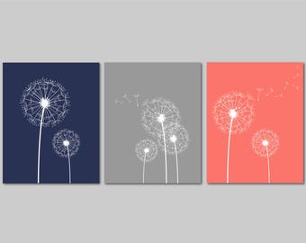 Dandelion Wall Art, Coral Navy Gray Bedroom Pictures, Prints Bathroom Artwork, Bedroom Wall Art, Flower Wall Art, Dandelion Set of 3