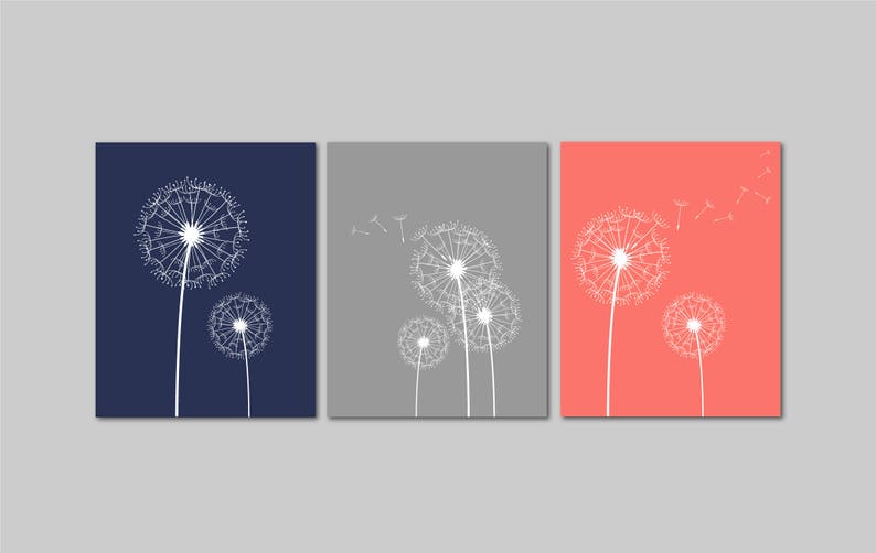 Dandelion Wall Art Coral Navy Gray Bedroom Pictures Prints Etsy