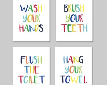 Kids Bathroom Decor, Bathroom wall decor, Kids Bathroom Art, Boys Bathroom, Printable Art, Bathroom Rules, Wash Flush Brush Wall Art