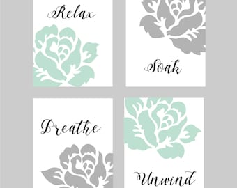 Relájese en el arte del baño, Arte de la pared del baño, Decoración de la pared del baño, Menta y gris, Arte floral del baño, Impresiones del baño, Usted elige los colores