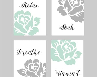 Printable Bathroom Art, Bathroom Wall Art, Bathroom Wall Decor, Mint and Grey, Floral Bathroom Art,Bathroom Prints,You Choose Colors