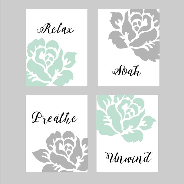 Printable Bathroom Wall Art, Bathroom Wall Decor, Relax, Soak, Unwind, Breathe, Mint and Grey, Floral Bathroom Art, Bathroom Printable Art