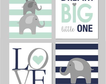 Mint Nursery Decor, Elephant Nursery Decor, Elephant Nursery Art, Baby Boy Nursery Wall Art, Navy Nursery Decor, You are My Sunshine, 8x10s