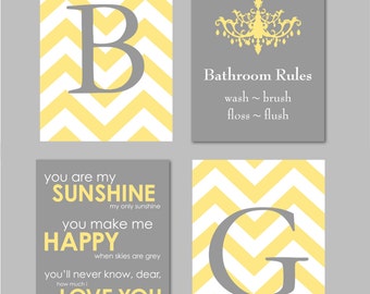 Yellow and Gray Bathroom Art Home Decor Prints You Are My Sunshine Chandelier Chevron Monogram Prints - Set of four 8x10s You Choose Colors