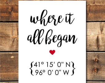 Where It All Began Coordinates Print Sign, Anniversary Gift, Wedding Decor, Personalized Home Decor, Bridal Shower Gift, Wedding Gift