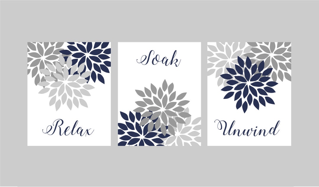 Navy Gray Bathroom Wall Decor, Canvas Wall Art Navy Grey Bathroom, Flower Bathroom Quotes, Relax