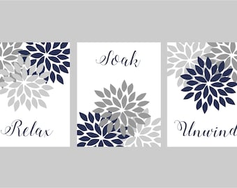 Navy Gray Bathroom Wall Decor, Canvas Wall Art Navy Grey Bathroom, Flower Bathroom Quotes, Relax Soak Unwind, Bathroom Canvas Art Set of 3