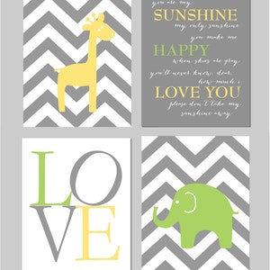 Carter's Animal Zoo Bedding Verde Limão e Cinza Berçário You Are My Sunshine Elephant Nursery Amarelo Cinza e Verde Conjunto de quatro estampas de 20 x 25 cm