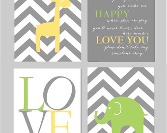 Carter's Animal Zoo Bedding Lime Green and Gray Nursery You Are My Sunshine Elephant Nursery Yellow Gray and Green Set of four 8"x10" prints