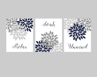 Floral Relax Soak Unwind Print Trio, Bathroom Home Decor Wall, Bathroom Art, Flower Bathroom, Navy Blue Bath Art, Flower Bath Art