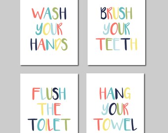 Kids Bathroom Art, Bathroom Wall Art, Bathroom Wall Decor, You Choose Colors Set of four 5x7, 8x10 OR 11x14, Bathroom Modern Decor UNFRAMED