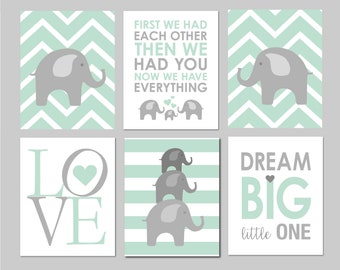 Baby Boy Elephant Nursery, Baby Elephant Nursery, Mint Nursery Art, First We Had Each Other, Dream Big Little One, Set of six 8"x10" prints