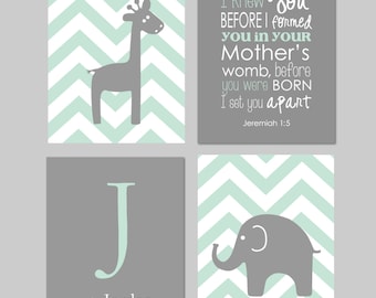 Mint Nursery Decor, Jeremiah 1 5, Mint and Grey Nursery, Elephant Nursery, Before You Were Born, Giraffe Nursery,Mint and Grey, four 8"x10"s