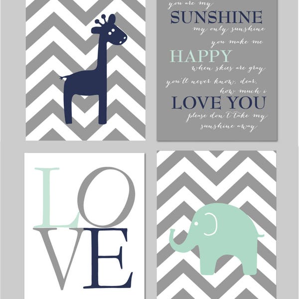 Mint Nursery Navy and Mint Nursery Mint and Grey Nursery You Are My Sunshine Elephant Nursery Set of four 8"x10" Instant Download