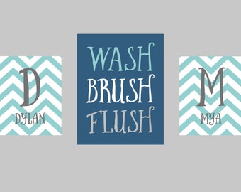 Kids Bathroom Wall Decor, Brother Sister Bathroom Art, Boys Bathroom Art, Shared Boy Girl Bathroom Decor, Wash Brush Flush, Set of 3