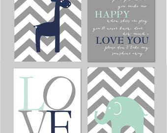 Mint and Grey Nursery, Baby Boy Nursery, Baby Elephant, Giraffe Nursery, Navy, Mint, Gray, You Are My Sunshine, Printable Nursery - 8"x10"
