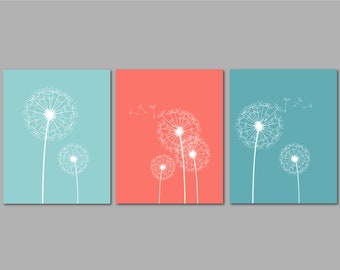 Dandelion Wall Art, Coral Aqua Teal Bedroom Pictures, Dandelion Decor, Bathroom Wall Art, Bathroom Decor, Dorm Room Decor, Set of 3 Pictures