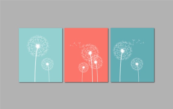 Dandelion Wall Art, Coral Aqua Teal Bedroom Pictures, Dandelion Decor, Bathroom Wall Art, Bathroom Decor, Dorm Room Decor, Set of 3 Pictures