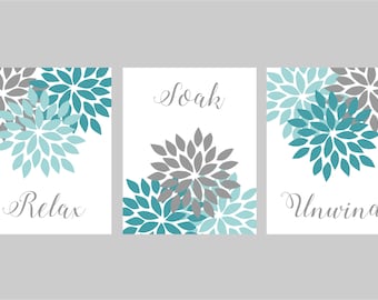 Canvas Bathroom Wall Decor, Canvas Wall Art Navy Grey Bathroom, Flower Bathroom Quotes, Relax Soak Unwind, Bathroom Canvas Art Set of 3
