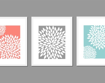 Bathroom Wall Decor, Dahlia, Floral Wall Art, Bedroom Wall Art, Teal and Coral Decor, Coral Bathroom Decor, Gray and White Wall Art