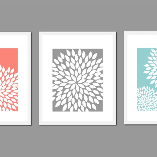 Decoración de la pared del baño, Dalia, Arte floral de la pared, Arte de la pared del dormitorio, Decoración verde azulado y coral, Decoración del baño de coral, Arte de la pared gris y blanco