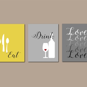 Yellow Kitchen Wall Art, Kitchen Quote, Eat Drink Love, Yellow Kitchen Decor, Yellow Kitchen Art, Yellow Kitchen Print, Kitchen Art Set of 3