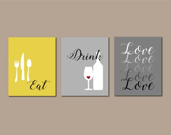 Yellow Kitchen Wall Art, Kitchen Quote, Eat Drink Love, Yellow Kitchen Decor, Yellow Kitchen Art, Yellow Kitchen Print, Kitchen Art Set of 3