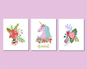 Unicorn Wall Art, Unicorn Nursery Decor, Girl Name Art, Unicorn Birthday, Unicorn Lover Set of 3, Unicorn Wall Prints, Unicorn Gift