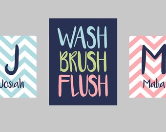 Kids Bathroom Wall Decor, Brother Sister Bathroom Wall Art, Kids Bathroom Art, Shared Boy Girl Bathroom Decor, Wash Brush Flush, Set of 3