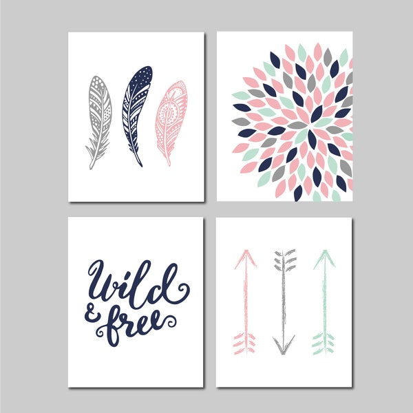 Arrow Nursery Art for Girls, Pink Mint Navy, Tribal Nursery Decor, Wild and Free, Abstract Floral, Feather Nursery, Set of 4 Digital Files